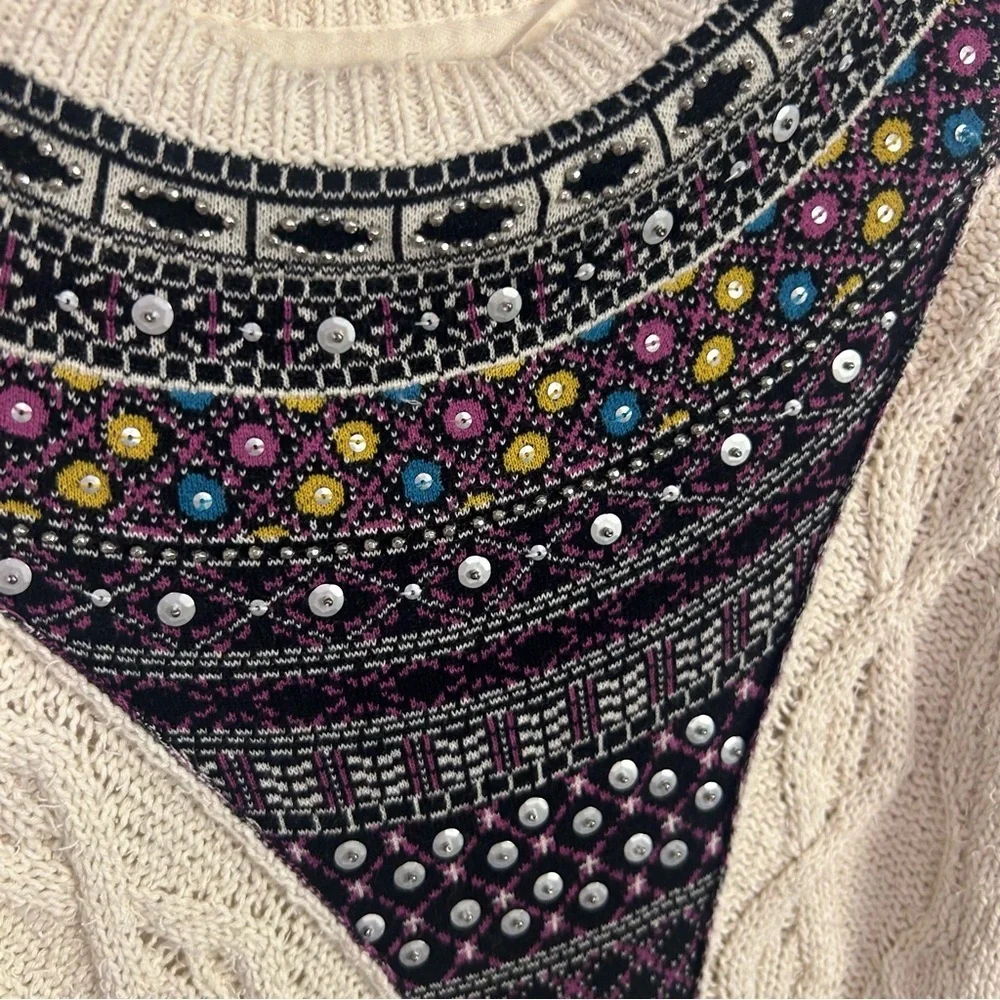 Angel of the North knit colorful retro chic pullover sweater beaded Medium artsy